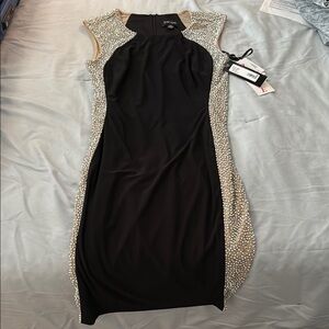 Xscape Black and Gold Halter Mini Dress